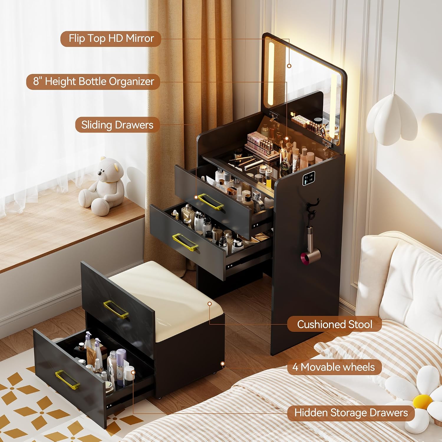 3 in 1 Vanity Desk with Flip up Mirror and Lights, Glass Top Makeup Vanity Table with Charging Station,LED Compact Dressing Table with 3 Drawer and Wheel Storage Stool for Bedroom(Black)