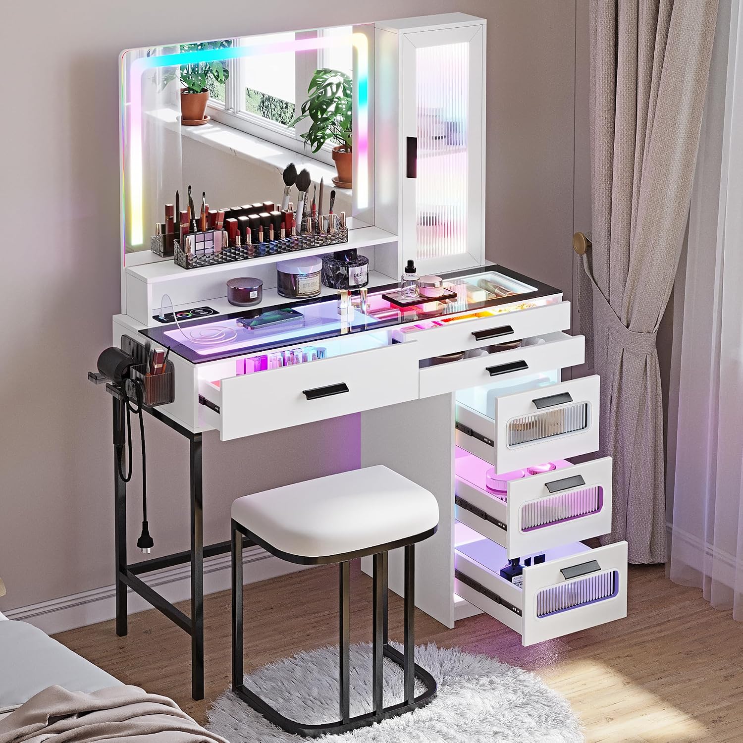 WOOVIVS Vanity with LED Mirror, Makeup Desk with 24 RGB Atuo Lighted Drawers for Bedroom, Glass Top Vanities Table Set with Wireless Charging Station, Chair,Jewelry Organizer for Girls/Women (White)