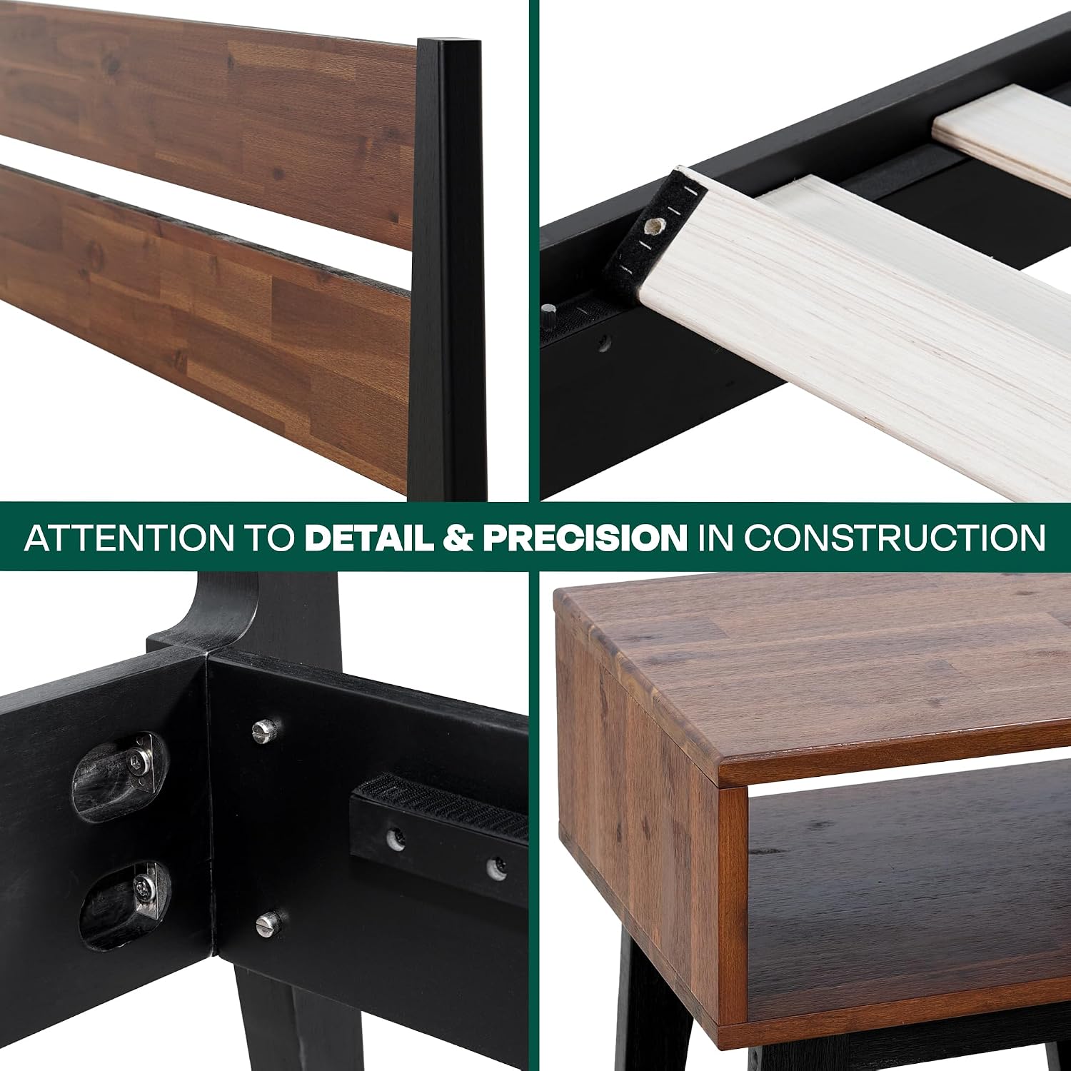 Acacia Callisto Bed Frame with Headboard Solid Wood Platform Bed, 800 lbs Capacity Bed Frame, Contemporary Signature Wood Bed Compatible with All Mattress Types (Black Ristretto + Nighstand, King)