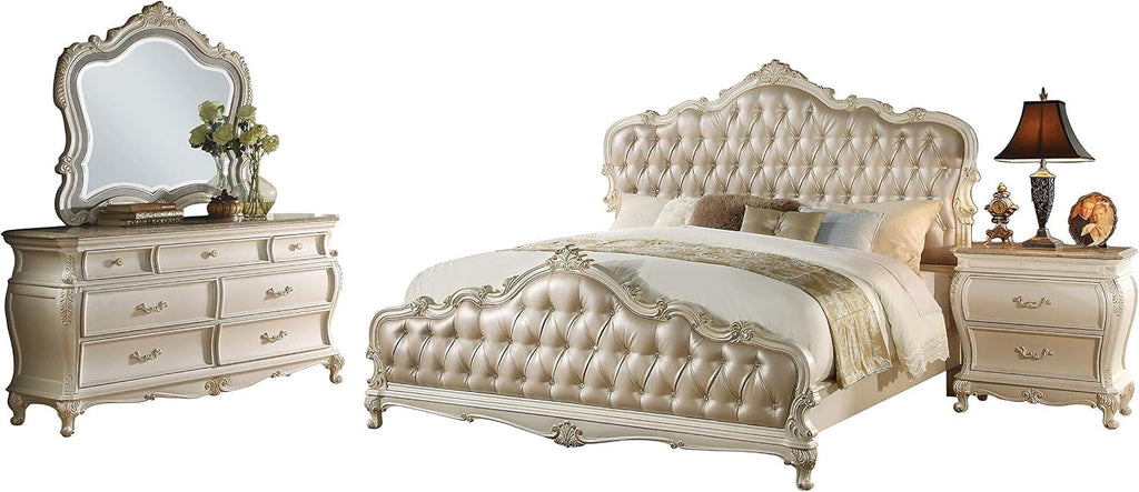 Acme Furniture Chantelle 4-Piece Bedroom Set, Rose Gold PU Leather with Pearl White Finish Eastern King