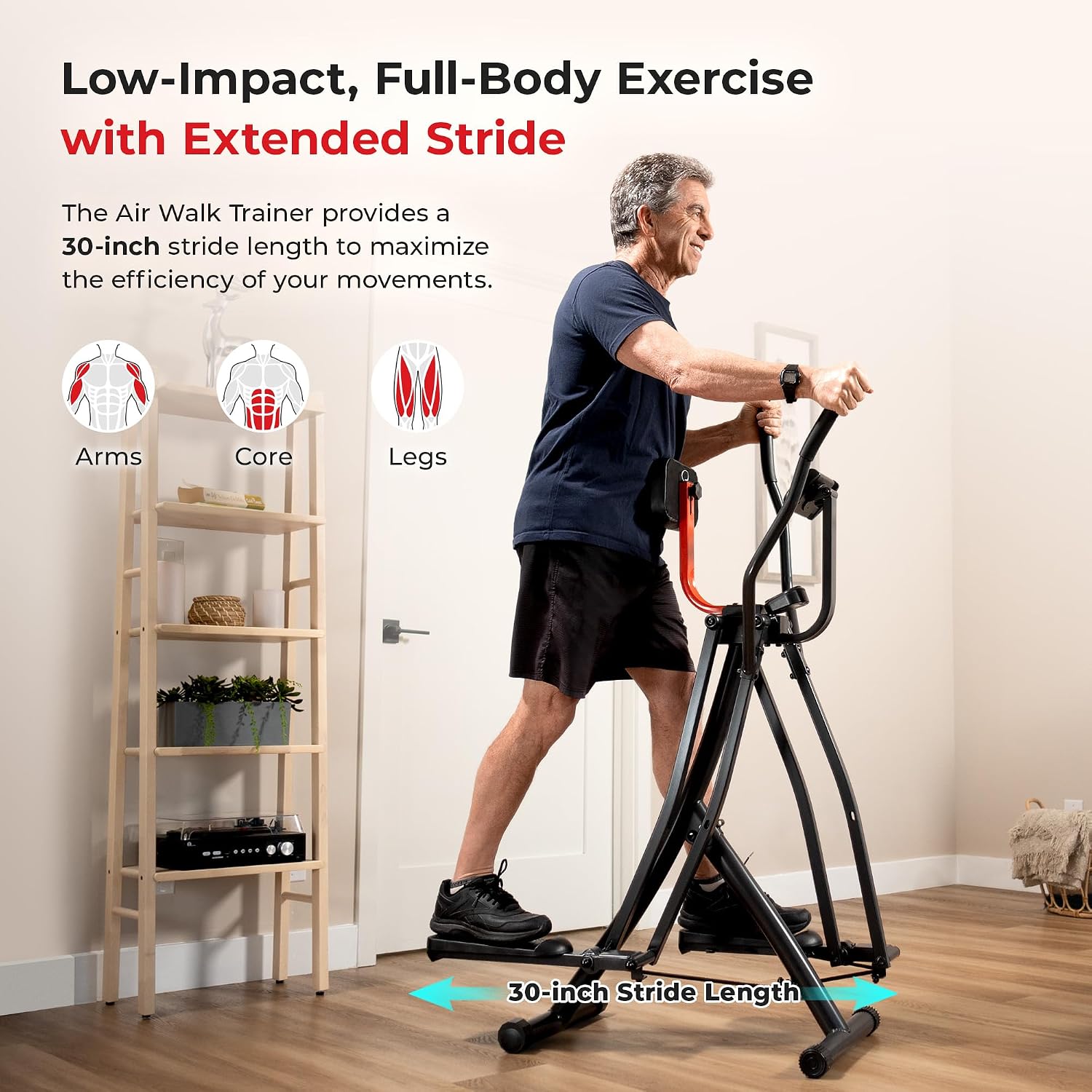 Sunny Health & Fitness Foldable Air Walk Elliptical, 30' inch Long Stride Glide Exercise Full-Body Cardio Cross Smart Trainer for Home Office, SunnyFit App via Bluetooth with Adjustable Resistance