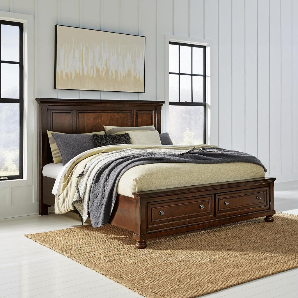 Signature Design by Ashley Porter Traditional 2-Drawer California King Panel Platform Storage Bed with Bun Feet, Foundation or Box Spring Not Needed, Dark Brown