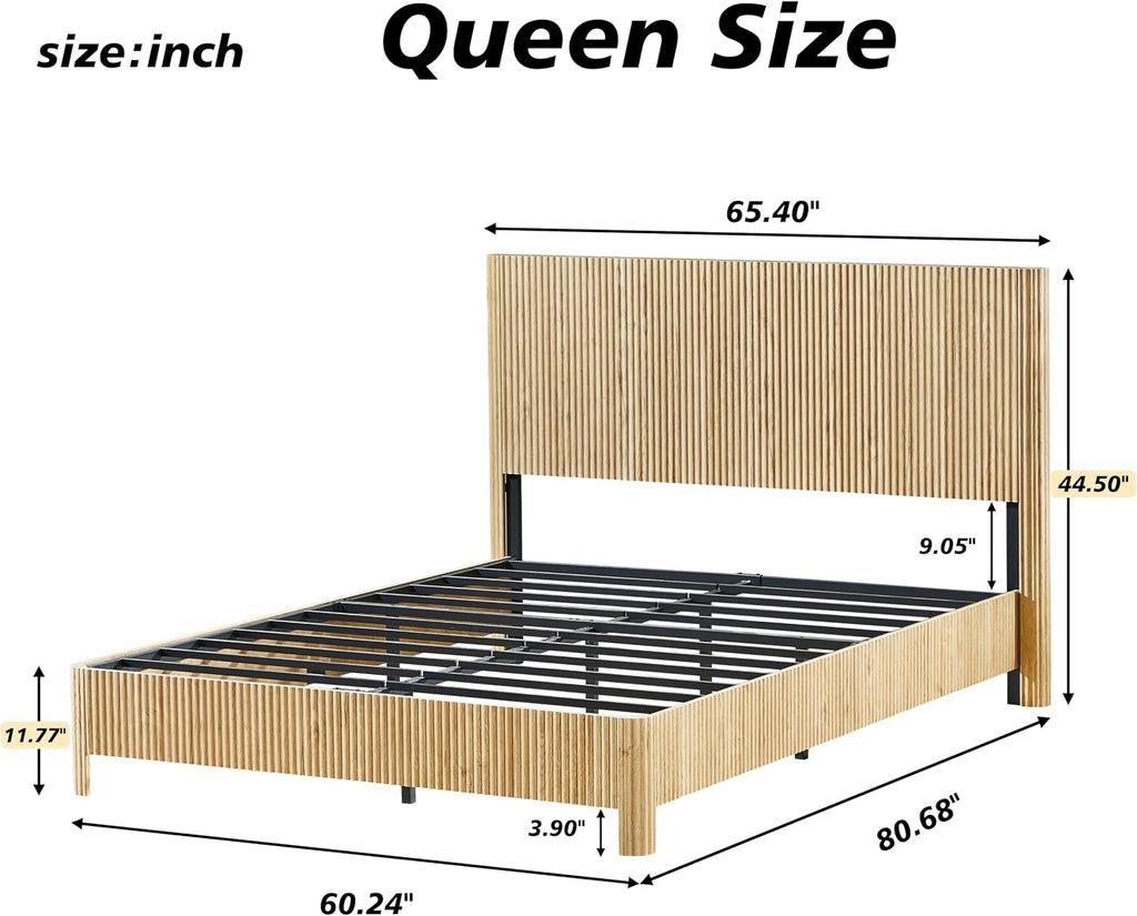 Queen Size Wood Bed Frame with Headboard, Modern Retro Oak Platform Beds Frames, Mid Century Rustic Wooden Bedroom Floor-BedFrame, No Box Spring Needed, Easy Assembly (Oak, Queen, Metal Base)