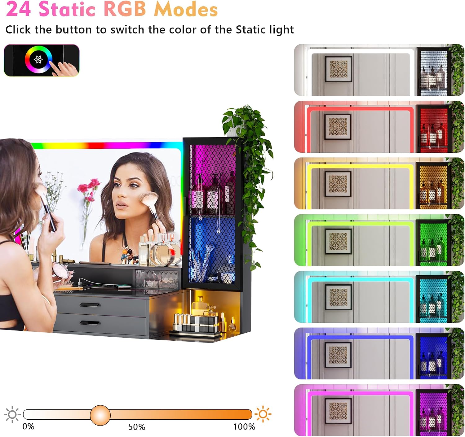 Lvifur RGB Vanity Desk - with Mirror and Lights,7 Dynamic & 24 Static Dimmable Vanity Table Set with Charging Station,Human Sensor LED Vanities w/Glass Top,6 Drawers,Stool,Grey