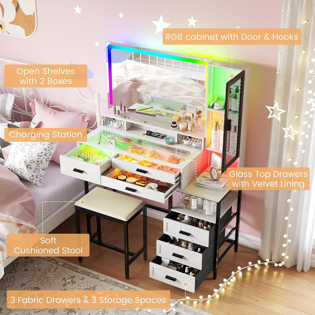 RGB Vanity Desk with Mirror and Lights, 7 Dynamic & 24 Static Dimmable Makeup Vanity Set with Wireless/USB/Type C Charging, Dressing Table with Stool & 6 Drawers (White)