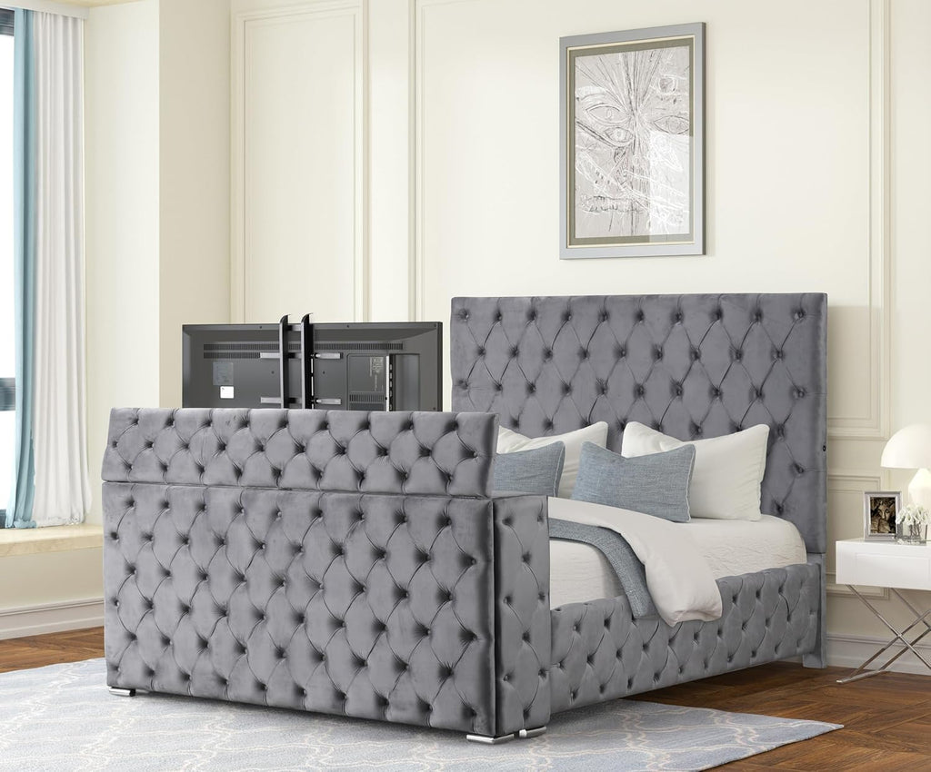 Modern Bedroom Set with Built-in TV Storage & Electric Fireplace - Gray Upholstered 4-Piece Queen Bed Set for Home Office & Small Space Living - Complete Bed Frame Dresser Nightstand Mirror Se