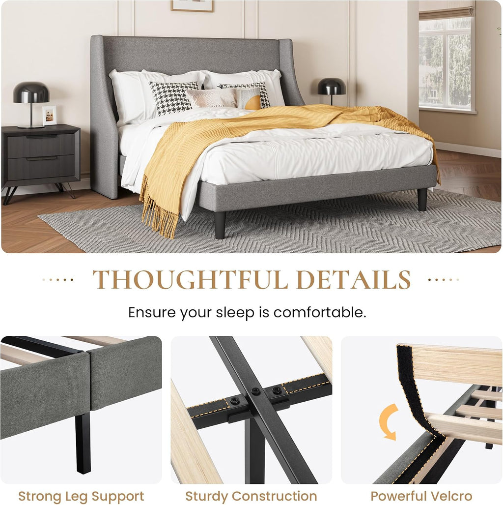 SHA CERLIN Upholstered Bed Frame Full Size with Streamlined Wingback Headboard, Breathable Linen Fabric, Solid Wooden Slats, Easy Assembly, Light Grey