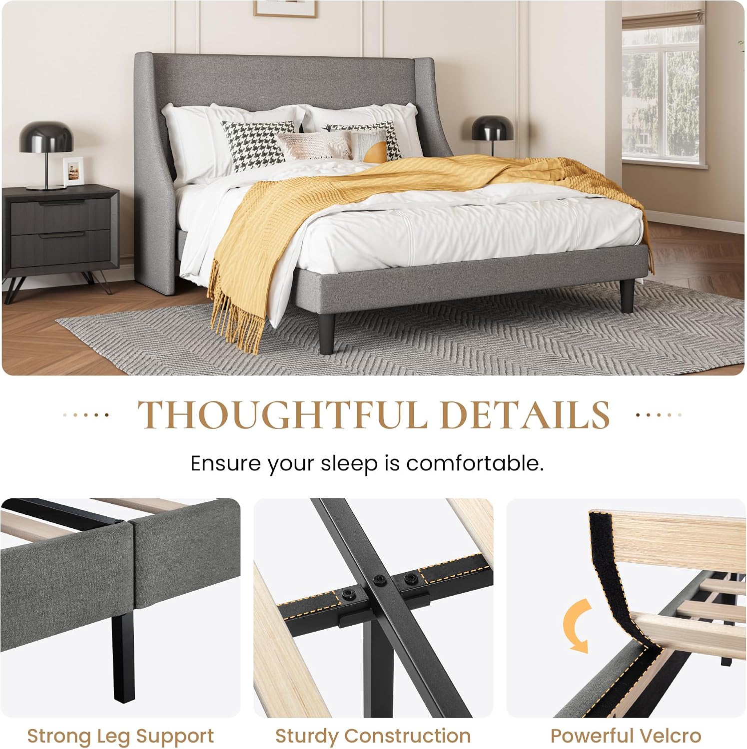 SHA CERLIN Upholstered Bed Frame Full Size with Streamlined Wingback Headboard, Breathable Linen Fabric, Solid Wooden Slats, Easy Assembly, Light Grey
