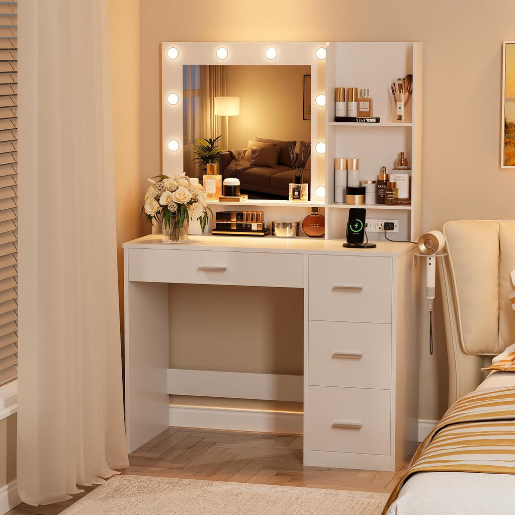 Furmax Vanity Desk with LED Lighted Mirror&Power Outlet, 39.3'' Makeup Vanity Table with 4 Drawers and 3 Storage Shelves, Adjustable 3 Lighting Colorfor Bedroom&Dressing Room (White)