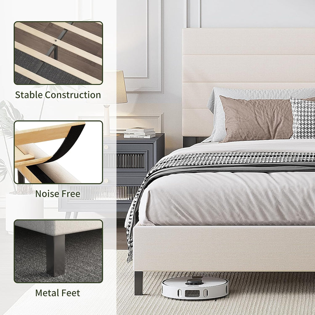 Furnihome Queen Bed Frame, Modern Upholstered Bed Frame with Adjustable Linen Headboard, Wooden Slats Support Platform Queen Size Bed Frames, No Box Spring Needed,Easy Assembly,Beige