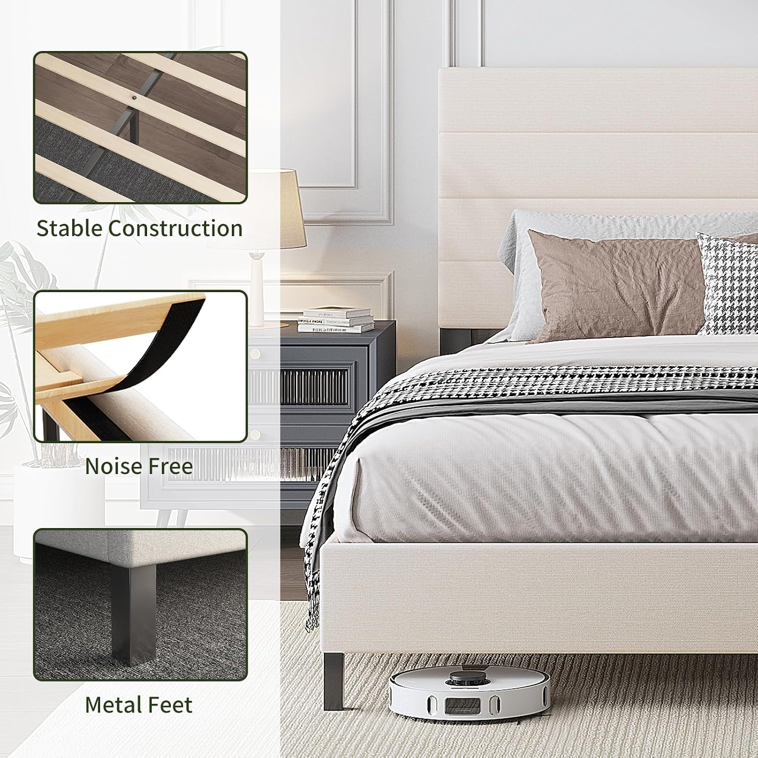 Furnihome Queen Bed Frame, Modern Upholstered Bed Frame with Adjustable Linen Headboard, Wooden Slats Support Platform Queen Size Bed Frames, No Box Spring Needed,Easy Assembly,Beige