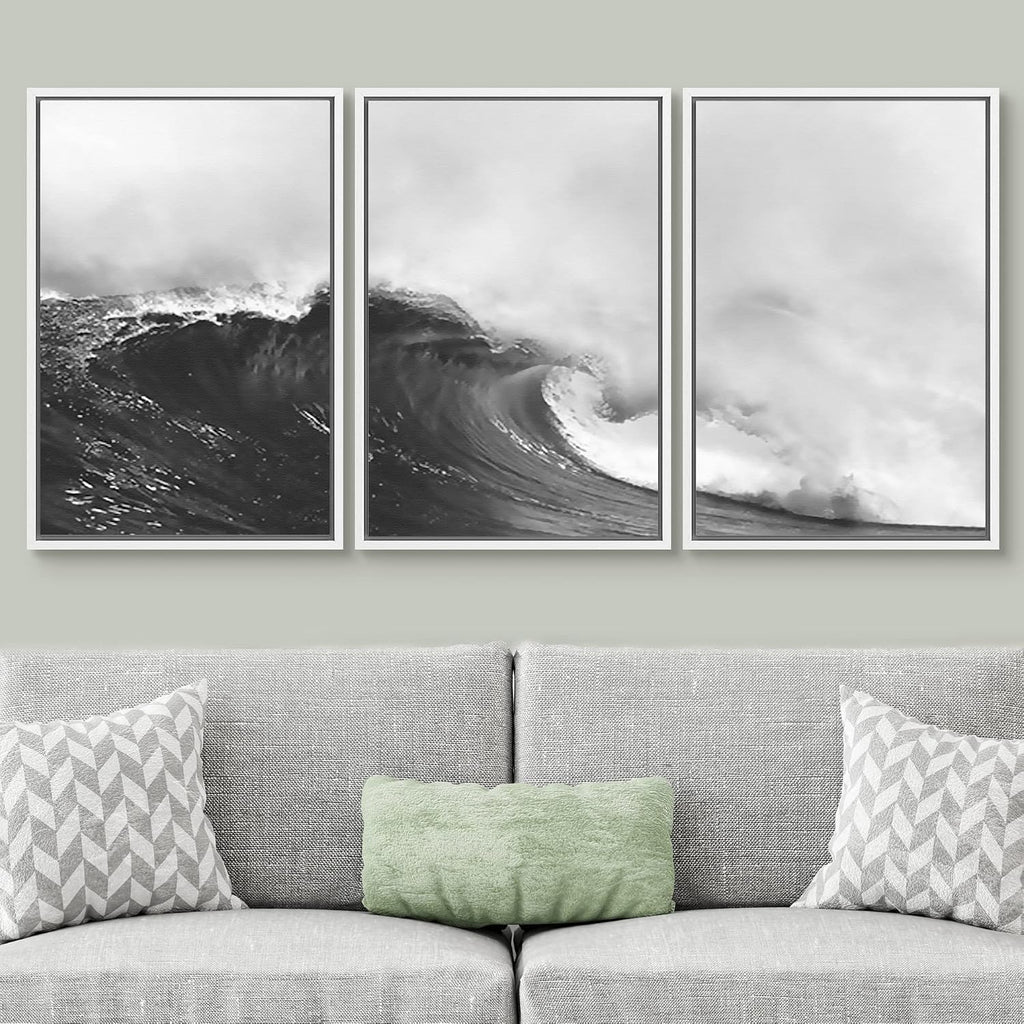 SIGNWIN Framed Canvas Print Wall Art Set Black & White Ocean Beach Waves Nature Wilderness Photography Modern Art Rustic Landscape Relax/Calm for Living Room, Bedroom, Office - 24'x36'x3 White