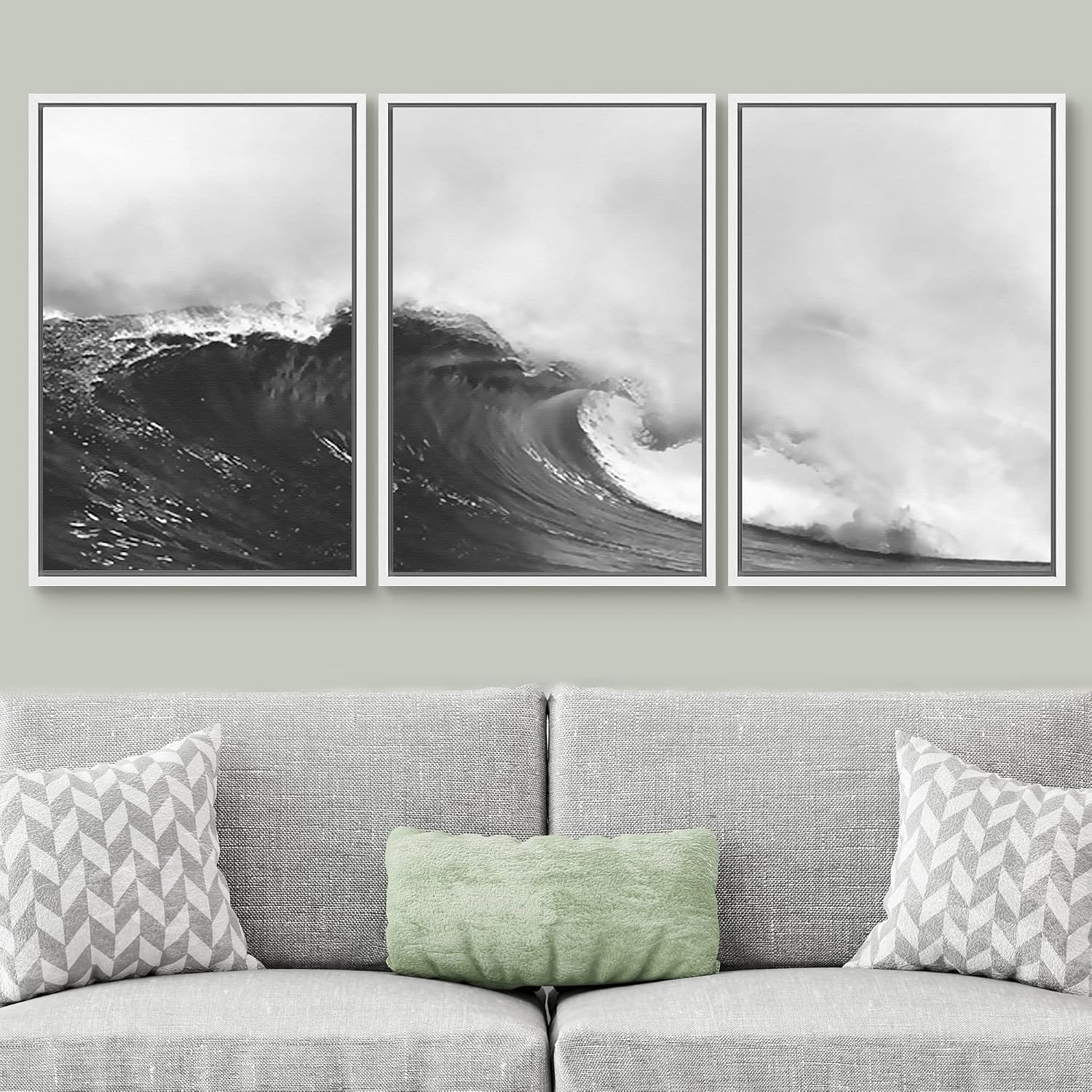 SIGNWIN Framed Canvas Print Wall Art Set Black & White Ocean Beach Waves Nature Wilderness Photography Modern Art Rustic Landscape Relax/Calm for Living Room, Bedroom, Office - 24'x36'x3 White