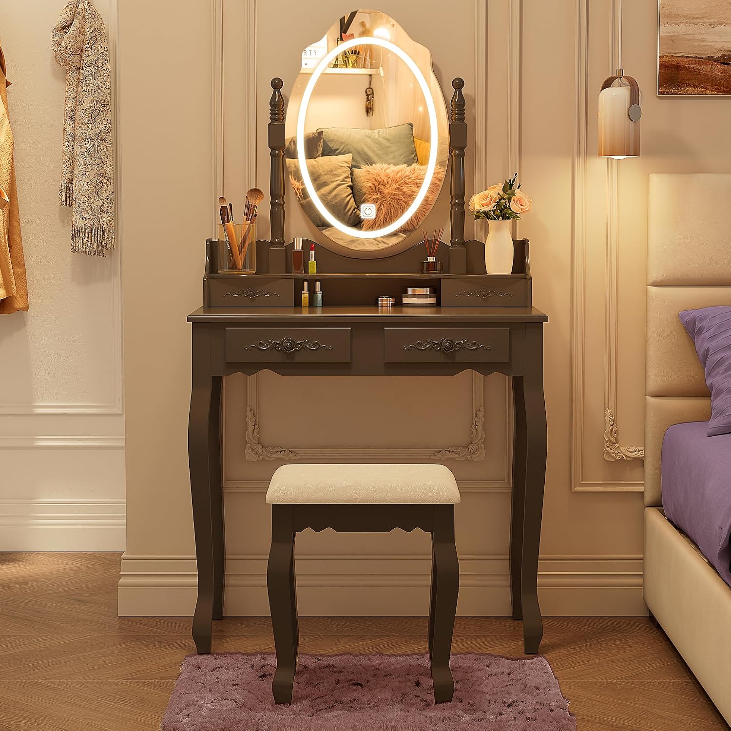 Vanity Desk with LED Lighted Mirror & 4 Drawers, Makeup Vanity Table with Cushion Stool, 3 Color Modes & Adjustable Brightness Dressing Table, for Bedroom, Black (Black)
