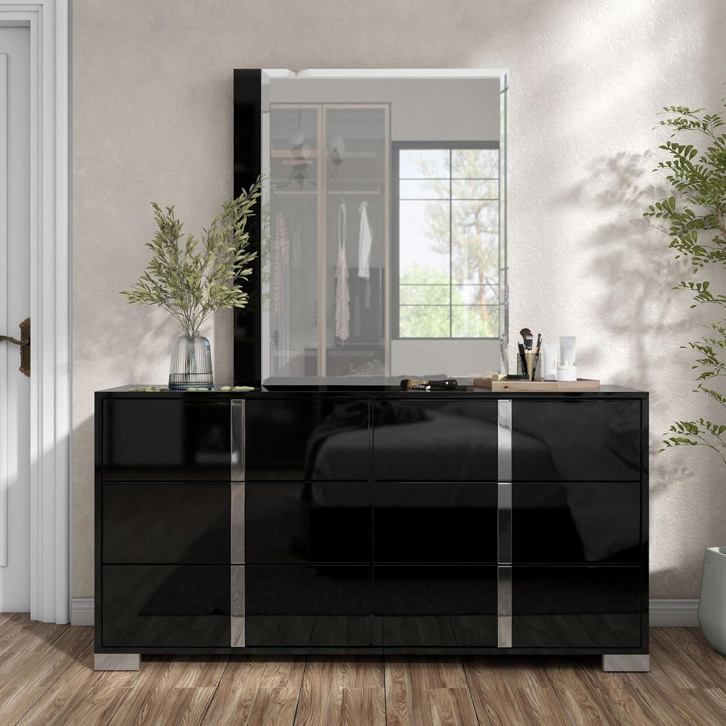 Furniture of America Alistair Modern Wood 6-Piece Bedroom Collection with Bed Frame, Chest, 2-Drawer Nightstands and 6-Drawer Dresser with Mirror, Box Spring Required, Black, Queen