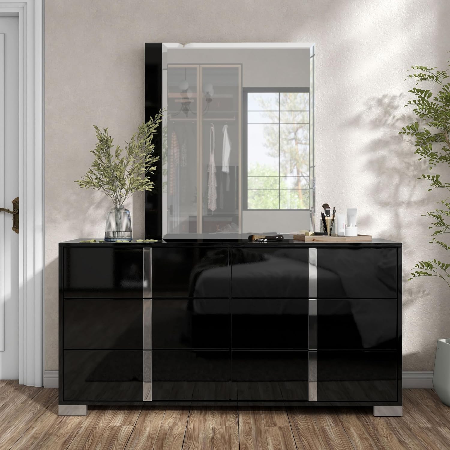 Furniture of America Alistair Modern Wood 6-Piece Bedroom Collection with Bed Frame, Chest, 2-Drawer Nightstands and 6-Drawer Dresser with Mirror, Box Spring Required, Black, Queen