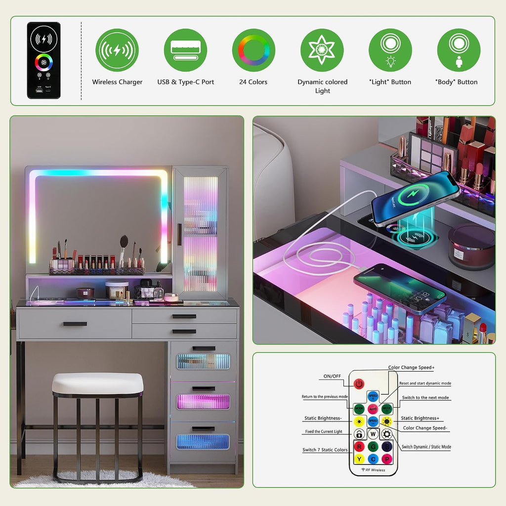 HENBC Vanity with Mirror and LED Lights, Glass Top Vanity Desk with Charging Station(Wireless+USB+Type-C), RGB Makeup Table Set with Stool/Makeup Organizer/6 Drawers for Bedroom,Grey