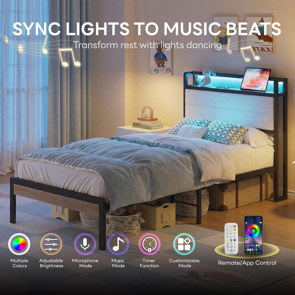 LIKIMIO Twin Bed Frame with Storage Headboard & LED Lights, Metal Platform Bed with Charging Station, Noise Free, No Box Spring Needed, Under Bed Storage, Natural and Cream