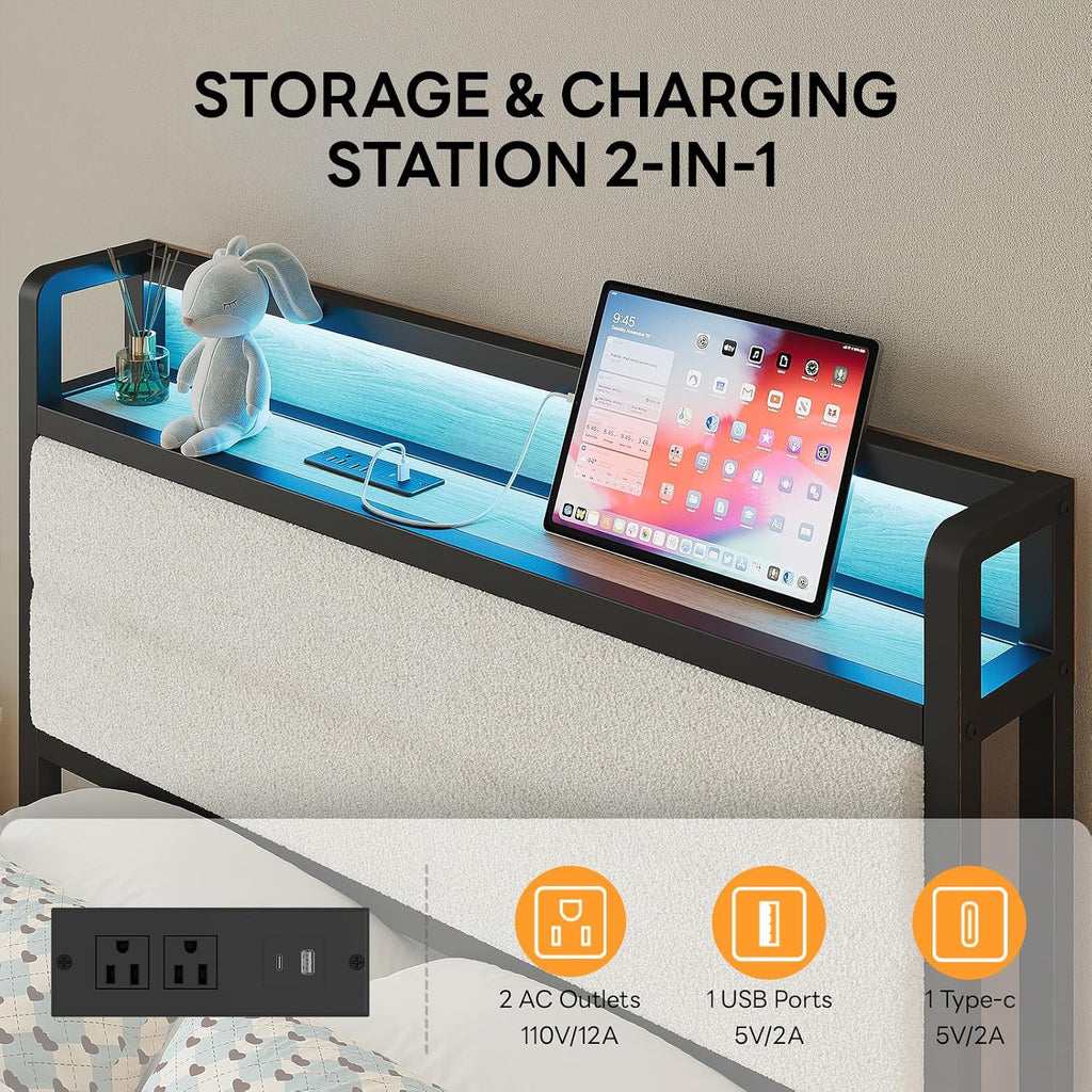 LIKIMIO Twin Bed Frame with Storage Headboard & LED Lights, Metal Platform Bed with Charging Station, Noise Free, No Box Spring Needed, Under Bed Storage, Natural and Cream