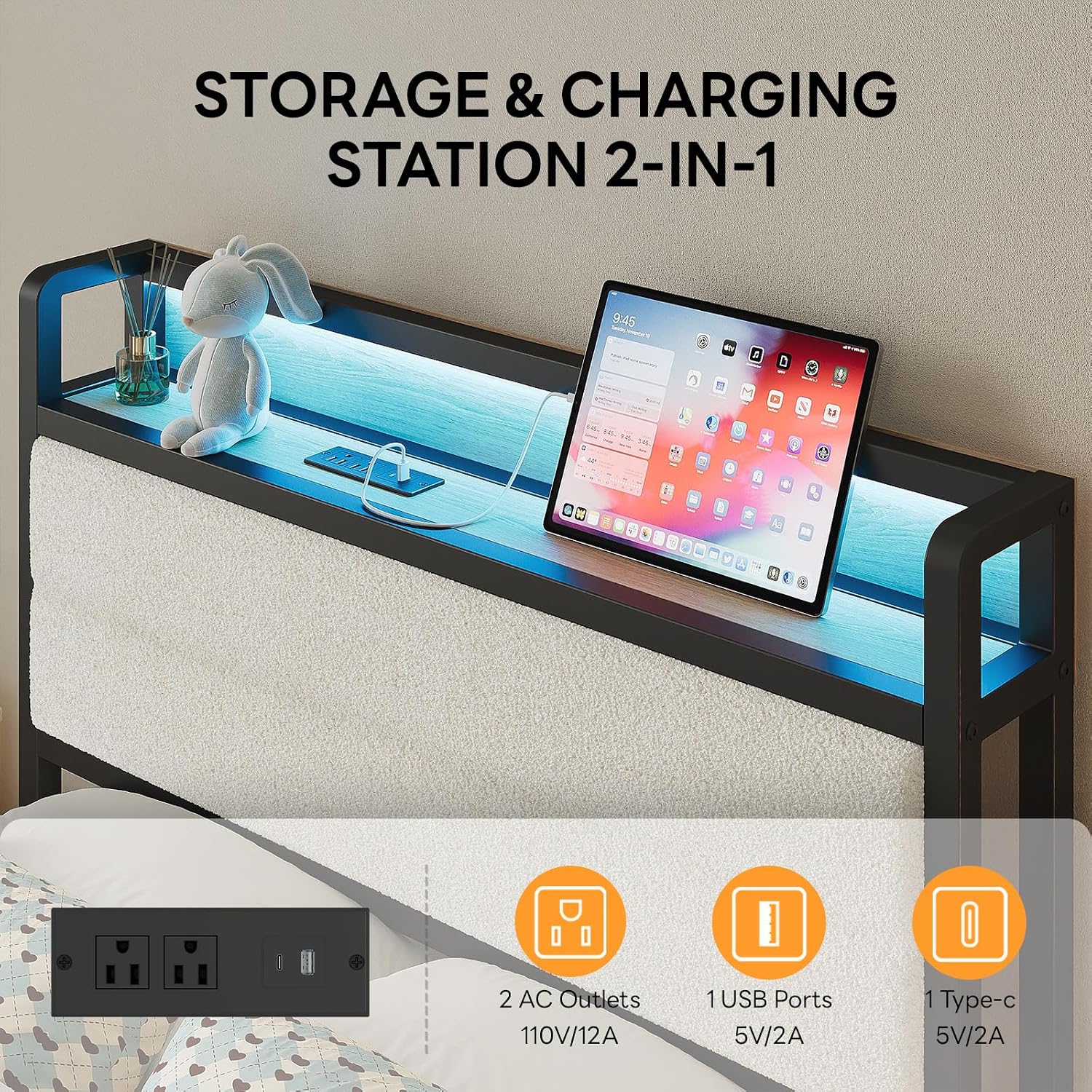 LIKIMIO Twin Bed Frame with Storage Headboard & LED Lights, Metal Platform Bed with Charging Station, Noise Free, No Box Spring Needed, Under Bed Storage, Natural and Cream