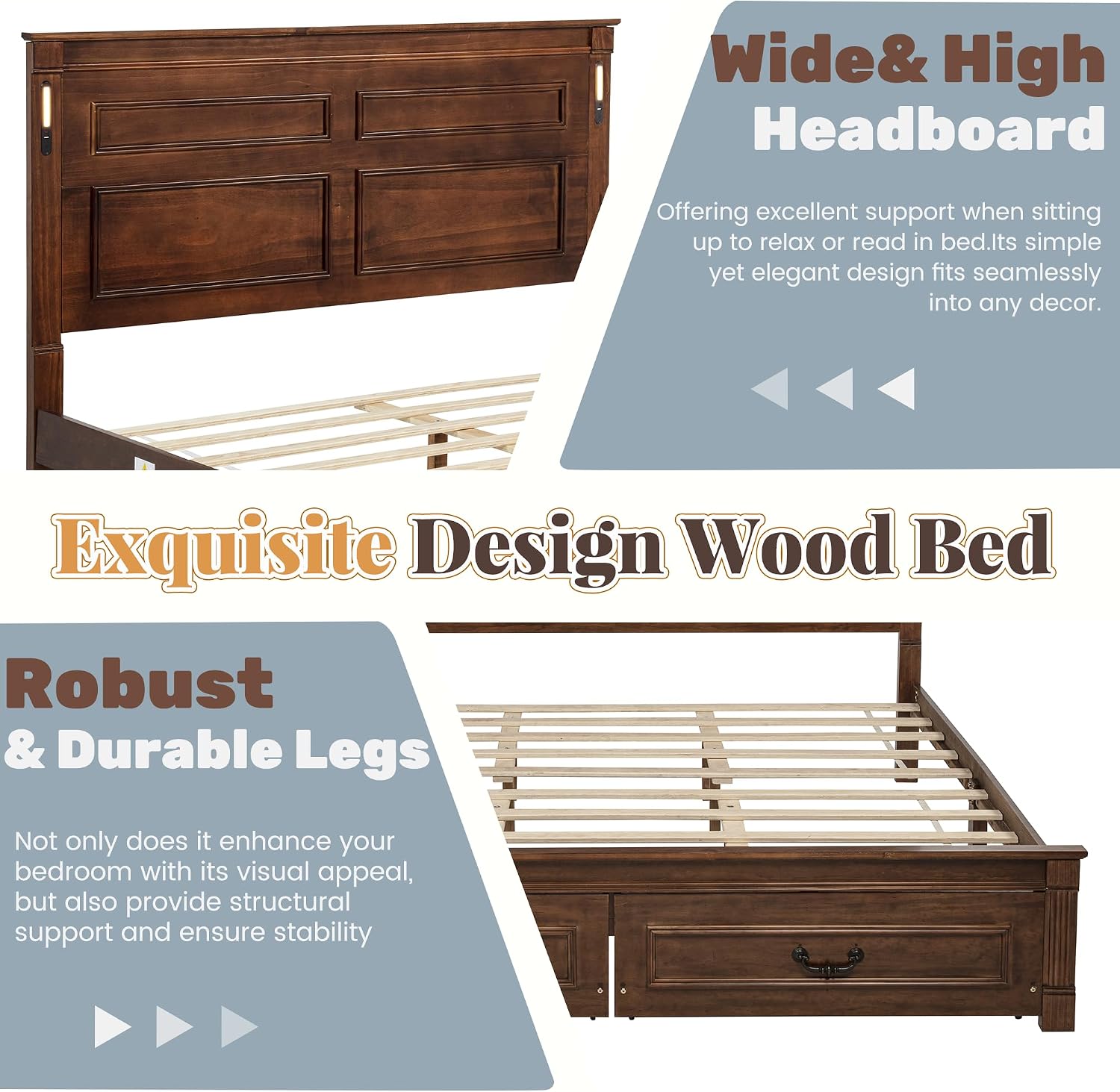 King Bed Frame with 46' Tall Headboard, Farmhouse Solid Wood King Size Platform Bed with 2 Storage Drawers,LED Lights & USB Charging Station,No Box Spring Needed, Walnut