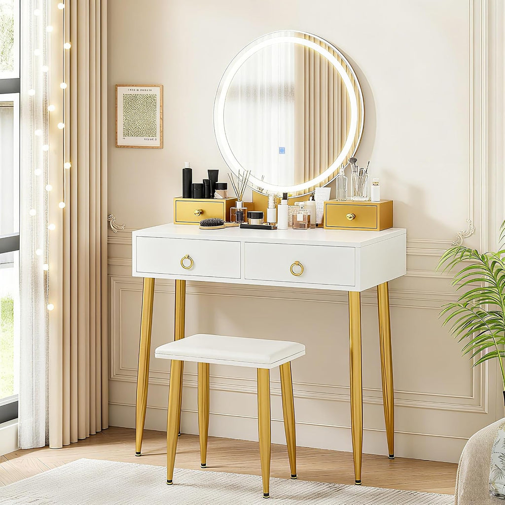 COSTWAY Vanity Table Set with Mirror and Lights, Makeup Dressing Table w/ 3 Color Lighting Modes & Adjustable Brightness, Vanity Mirror with Desk and Cushioned Stool for Women Girls (White & Gold)