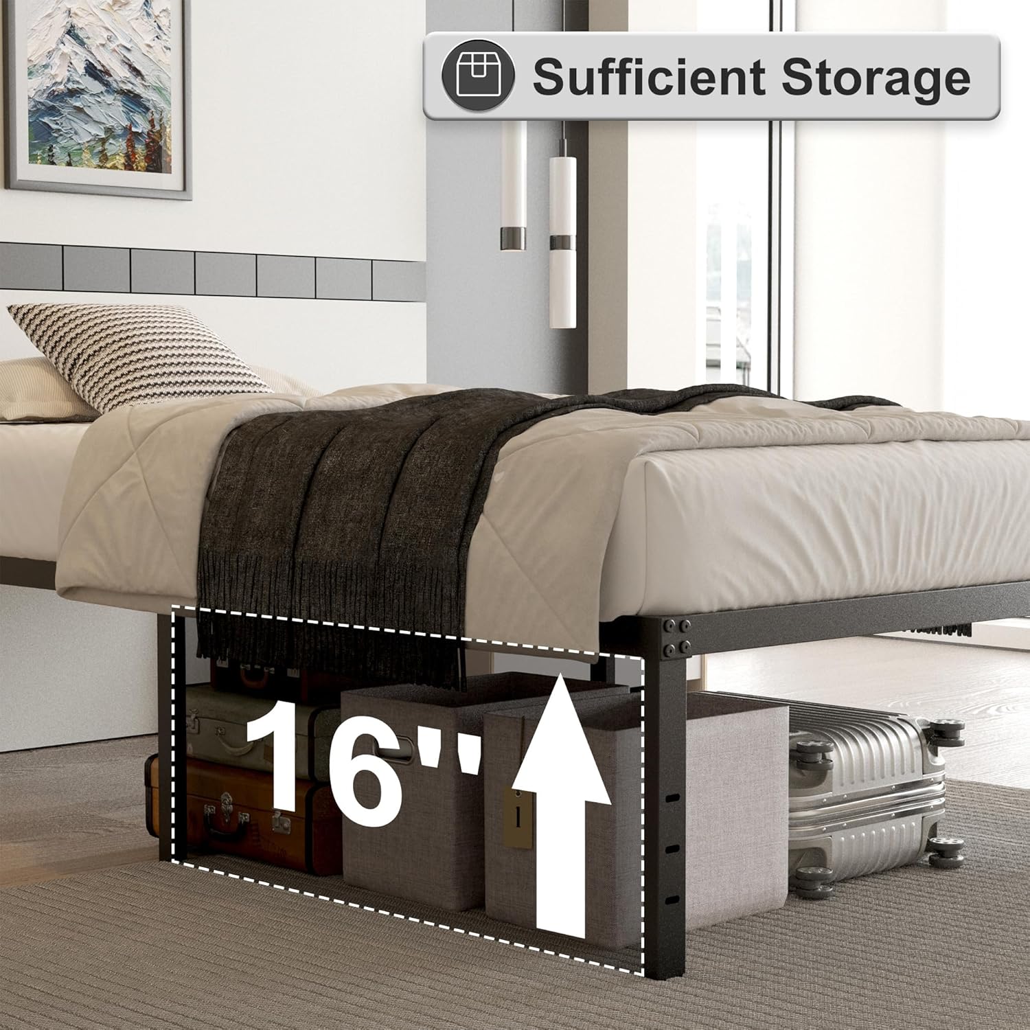 Cieemine 18 Inch Queen Bed Frame with Black Bed Cover, Metal Bed Frames Queen Size No Box Spring Needed, Heavy Duty Mattress Foundation, Easy Assembly, Noise Free