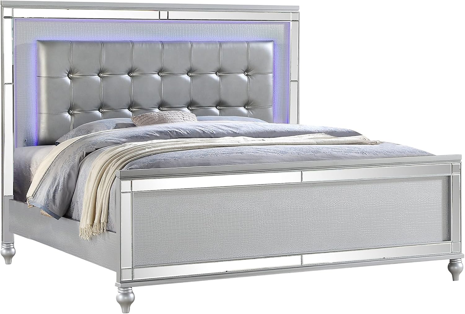 King LED Bedroom Set: 4-Piece Wooden Silver Contemporary Furniture - Crystal-Tufted Headboard with Integrated Lights - Luxury Bedroom Ensemble for Modern Homes