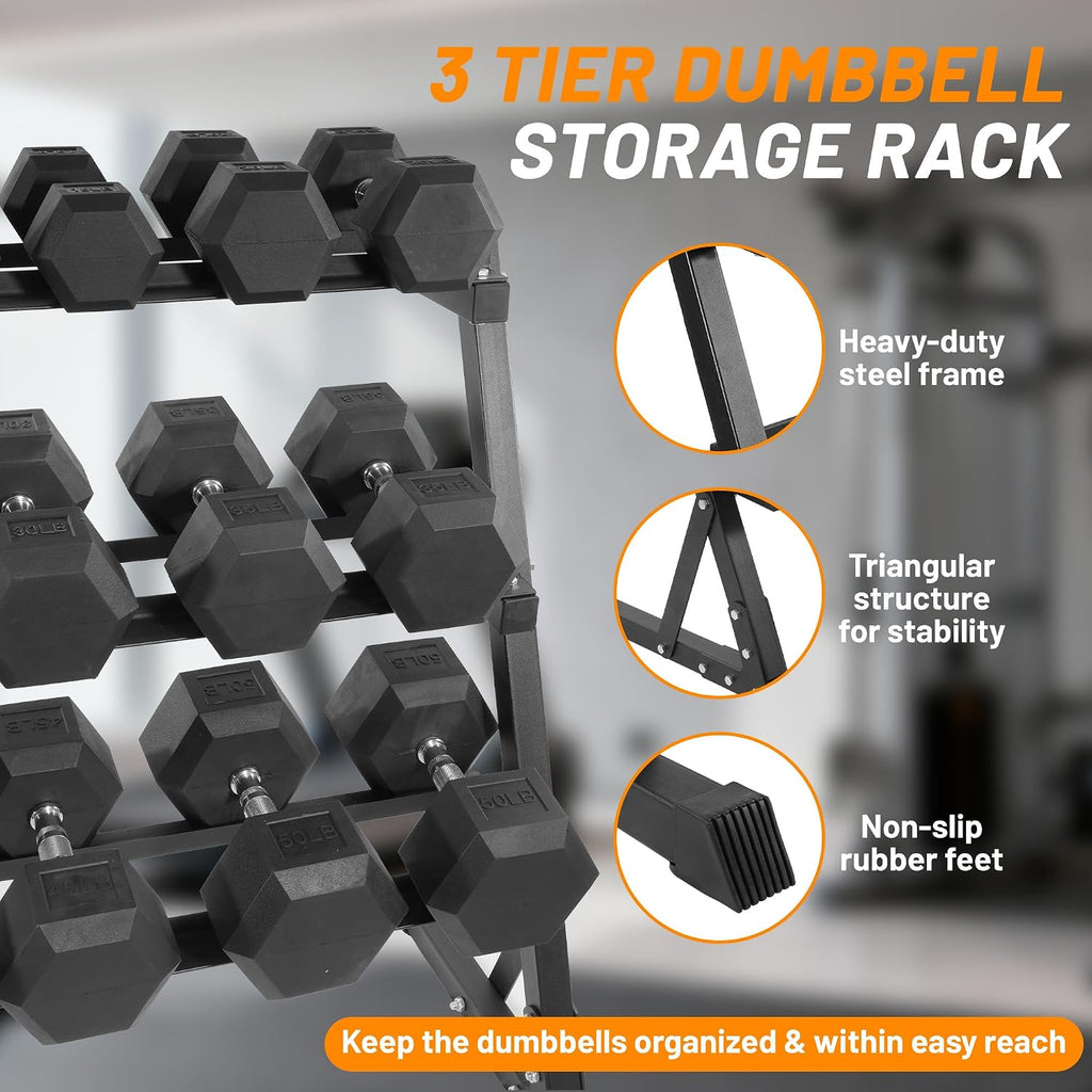 Fitvids Rubber Coated Hex Dumbbell Set with Storage Rack, 100/150/200/550 LB Hand Weight Set with Anti-Slip Grip for Home Gym