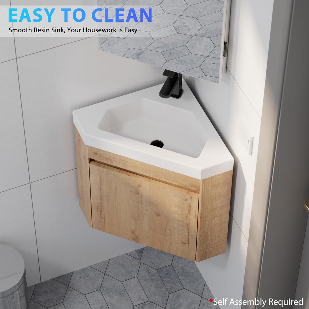 eclife 22' Corner Bathroom Vanity Sink Combo for Small Space Wall Mounted Floating Cabinet with White Resin Sink and Matte Black Faucet, Natural