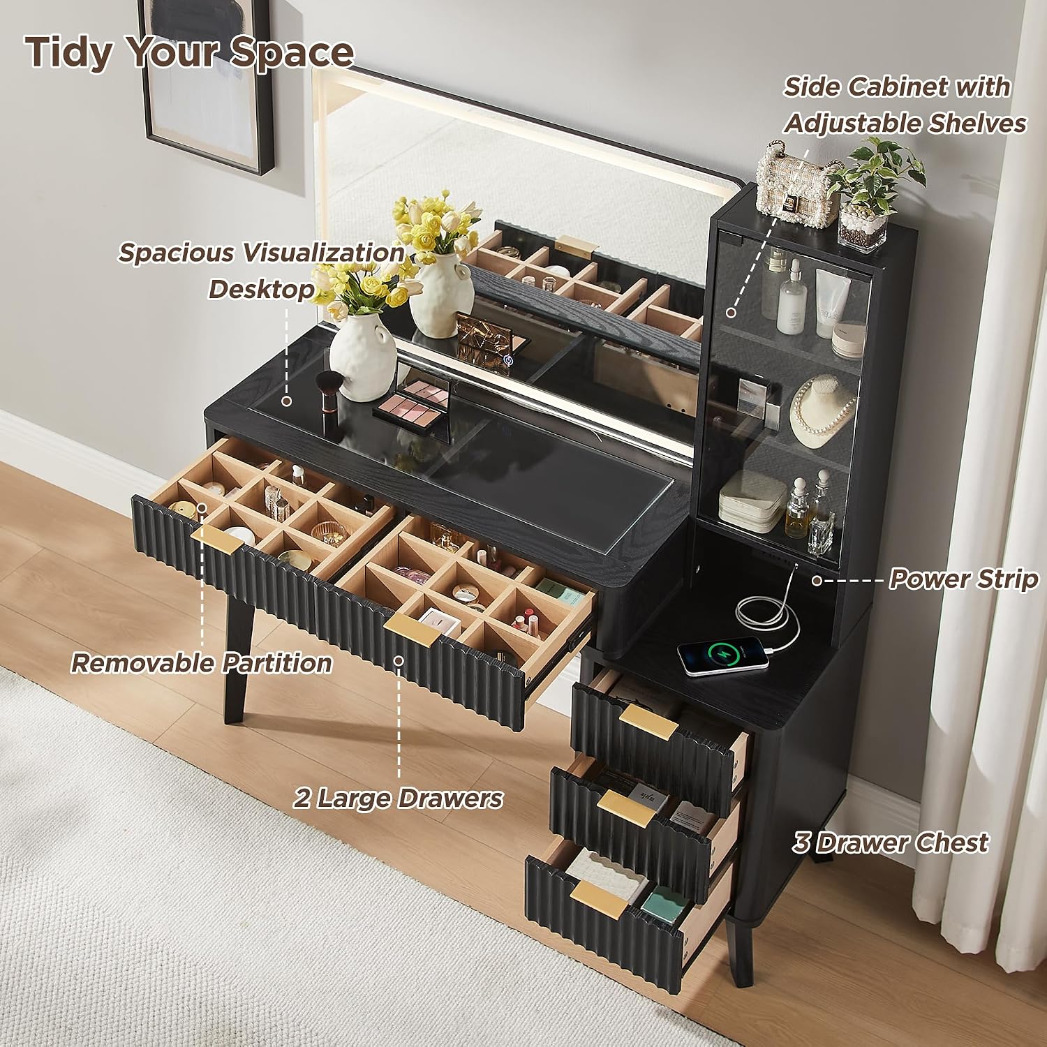 T4TREAM 48' Fluted Makeup Vanity Desk with Large 36' Mirror and Lights, Modern Glass Top Big Vanity Table w/5 Drawers & Adjustable Shelves, Dressing Table w/Charging Station for Bedroom, Black