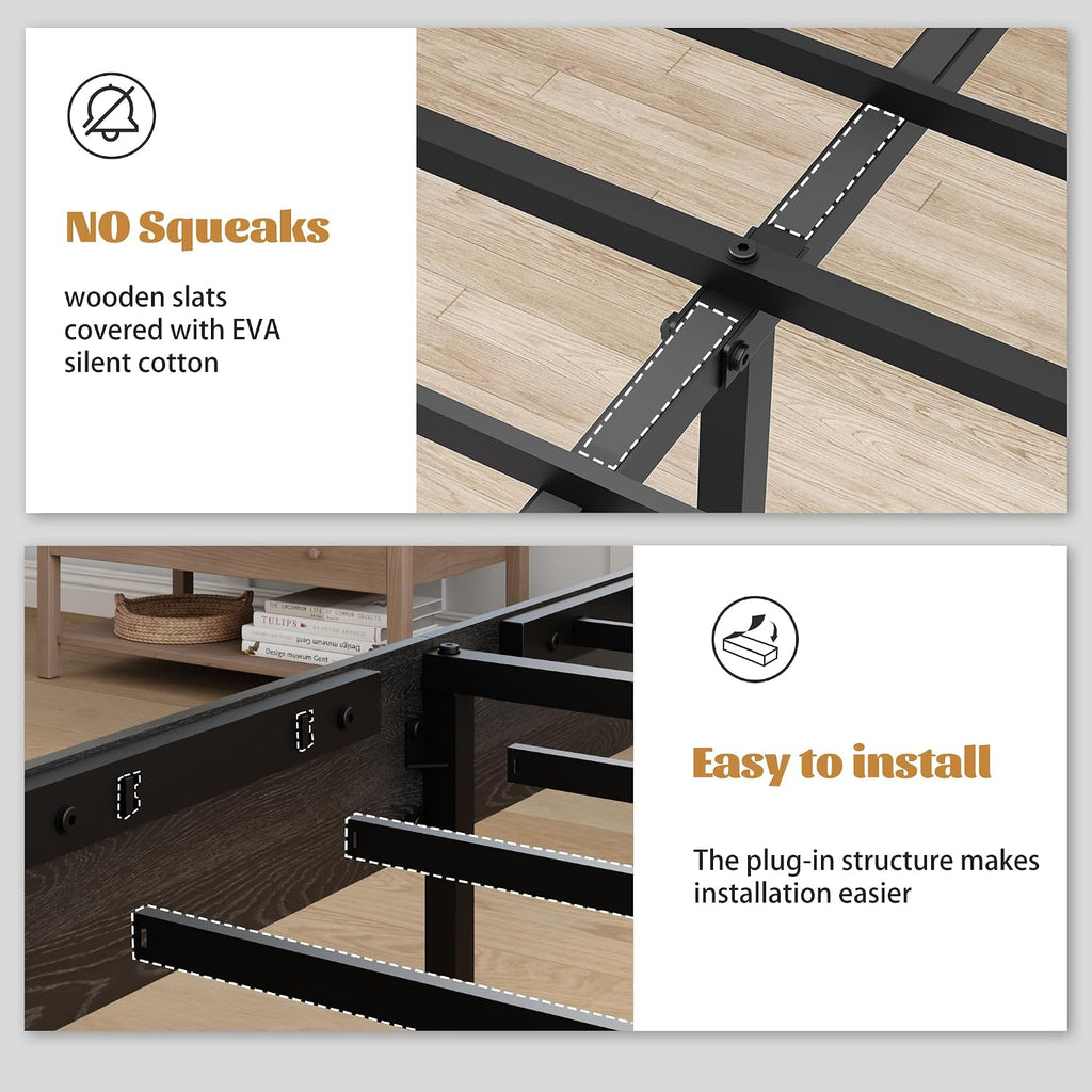 Full Size Wooden Bed Frame with Headboard, Rustic Farmhouse Platform Bedframe with Metal Slat Support, Under Bed Storage Space, Easy Assembly, Noisy Free (Black, Full)