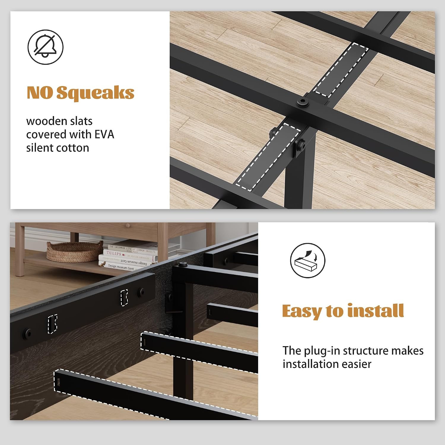 Full Size Wooden Bed Frame with Headboard, Rustic Farmhouse Platform Bedframe with Metal Slat Support, Under Bed Storage Space, Easy Assembly, Noisy Free (Black, Full)