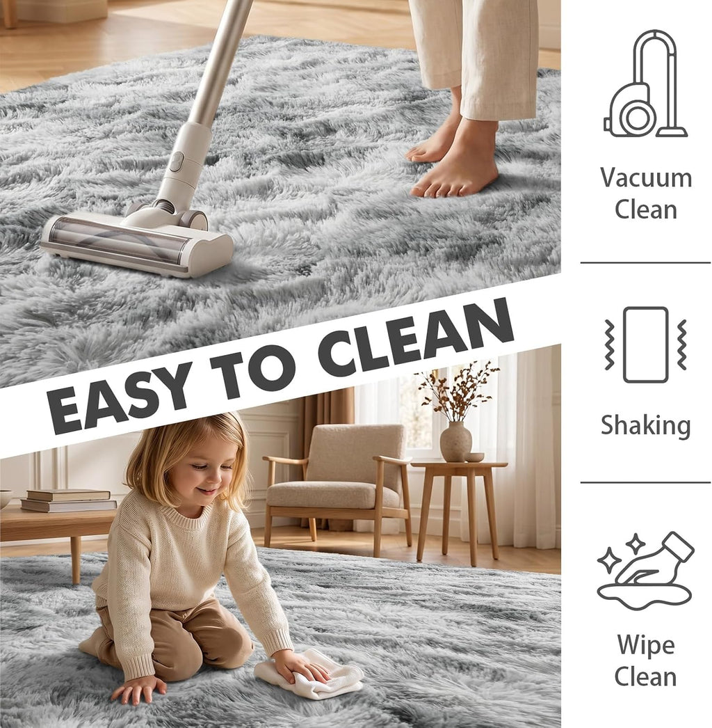 9x12 Ft Extra Large Shag Rugs for Living Room, Tie Dyed Ultra Soft Fluffy Furry Area Rugs for Bedroom Indoor Floor, Aesthetic Carpet for Kids Home Decor (Grey)
