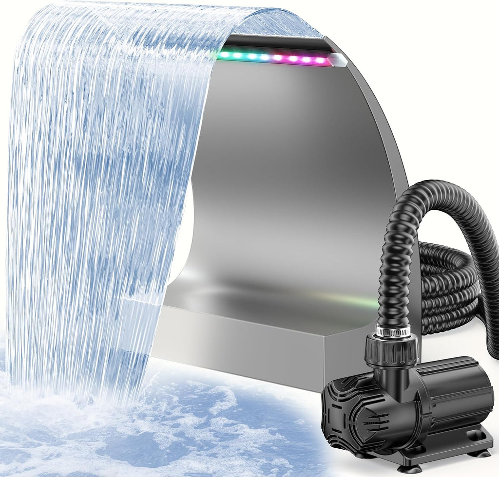 POPOSOAP Pond Waterfall Spillway with LED Lights & 1600GPH Pond Pump, 12Inch Pond Spillway Kit for Garden Ponds, Outdoor Water Feature with App & Remote Control for Backyard Landscape Decoration-P43C