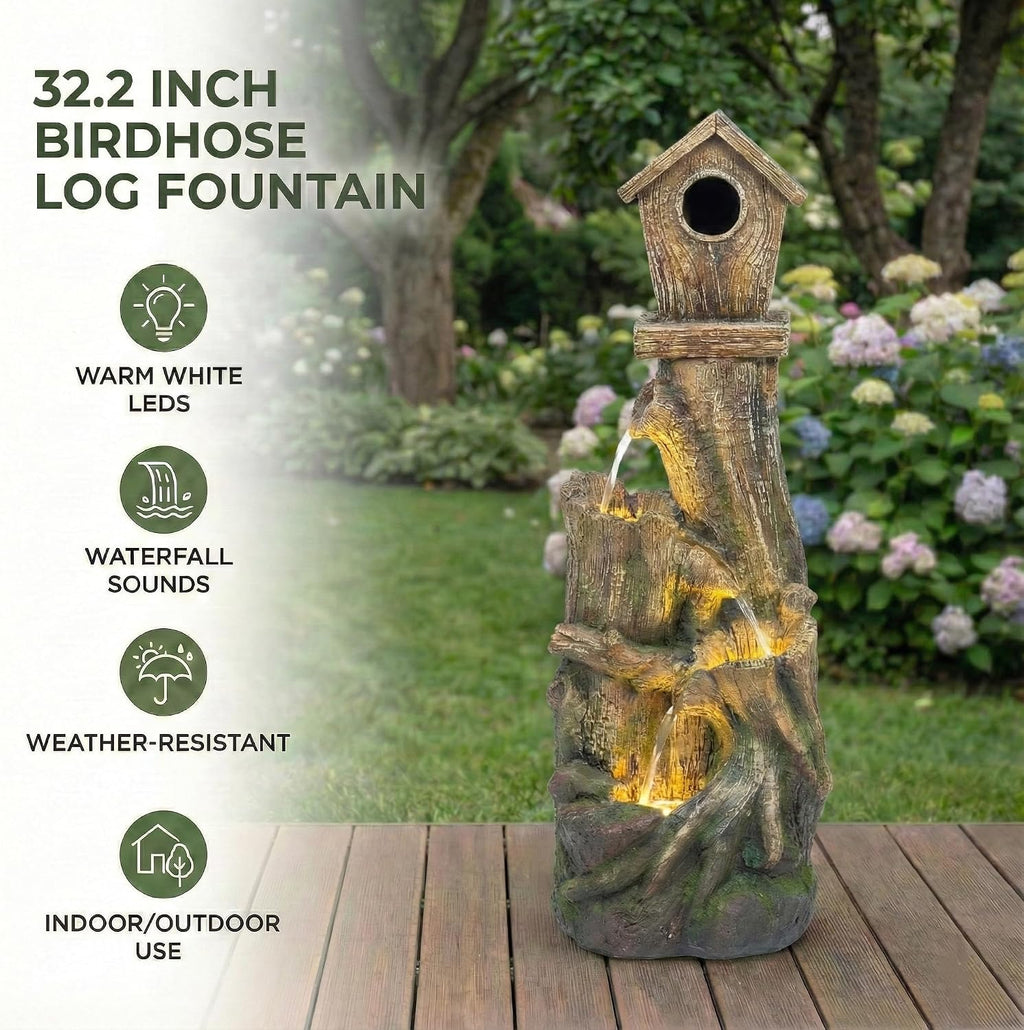 Outdoor Water Fountain with LED Lights – Charming Garden Patio Water Feature, Rustic Design, Weather-Resistant Fiberglass, Perfect for Backyards Outdoor Garden and Entryways