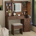 Farmhouse Vanity Desk with Mirror and Lights, 42' Glass Top Makeup Vanity with Charging Station & Jewelry Cabinet, 4 Drawers, Adjustable Shelves & Stool, Vintage Brown