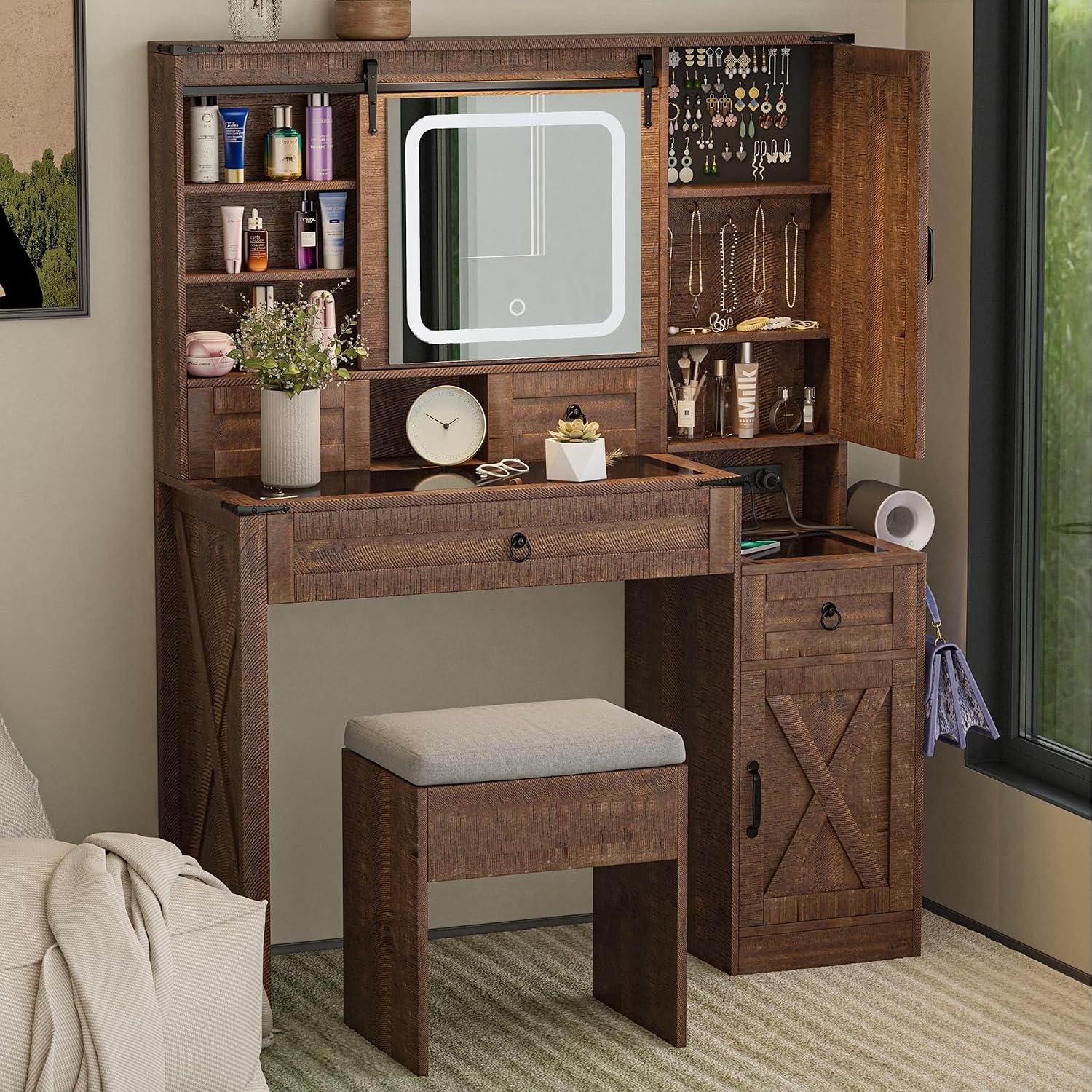 Farmhouse Vanity Desk with Mirror and Lights, 42' Glass Top Makeup Vanity with Charging Station & Jewelry Cabinet, 4 Drawers, Adjustable Shelves & Stool, Vintage Brown
