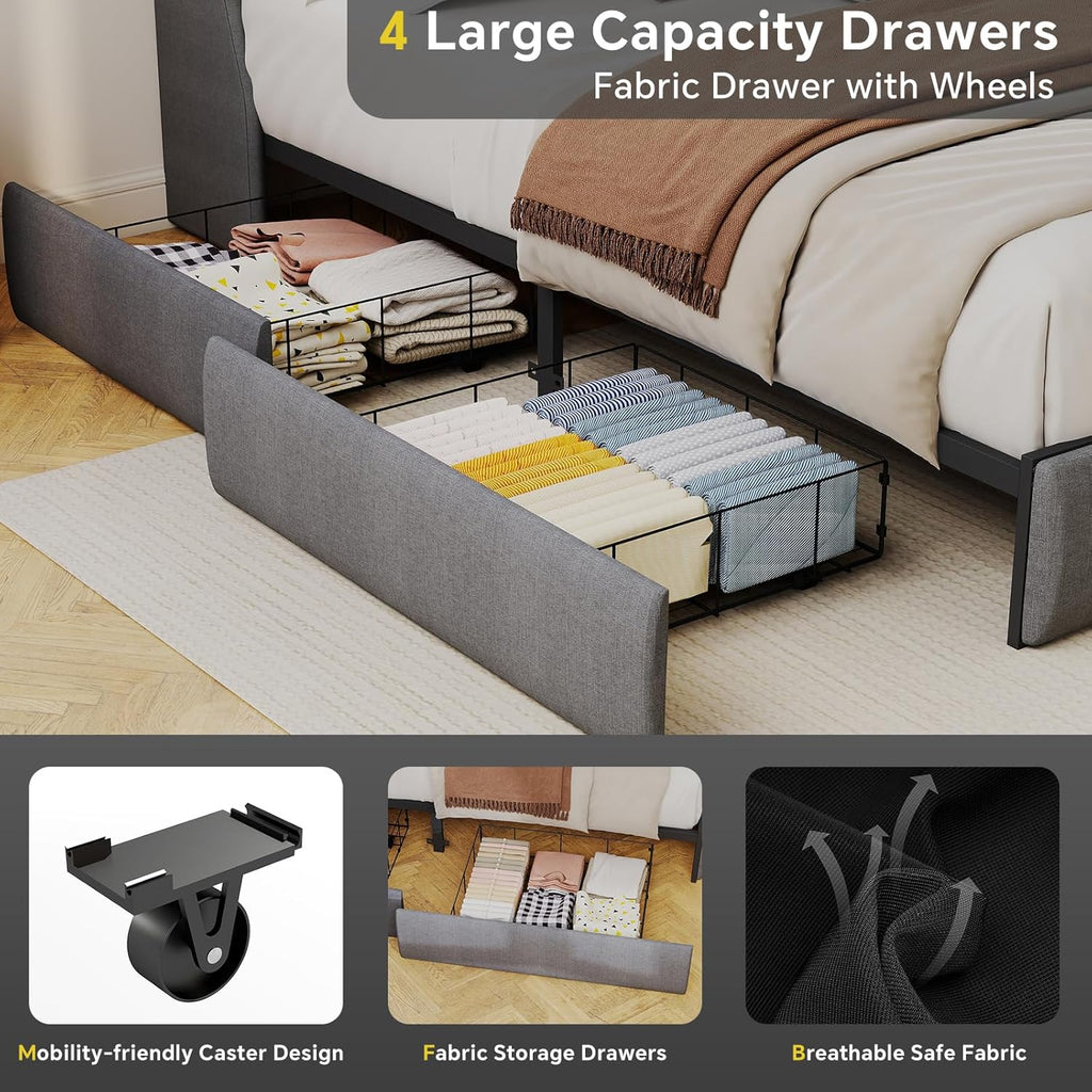 SADENICEL Queen Bed Frame with Storage Headboard and 4 Drawer, Metal Platform Bed Frame Queen Size with LED Light, Charging Station, No Box Spring Needed, Noise Free, Easy Assembly, Grey