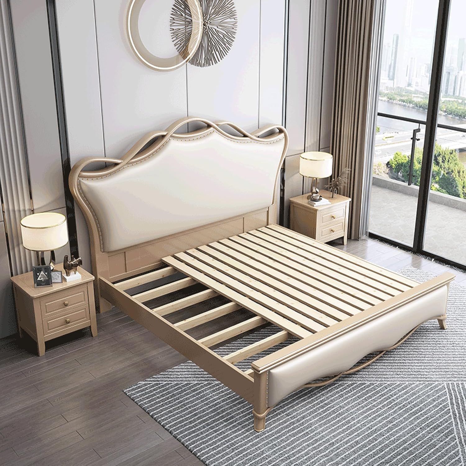 Luxury King Size Genuine Leather Bed Set Thick Padded Headboard Wooden Slats and Metal Frame Support, Lift Up Storage No Box Spring Needed Noise Free