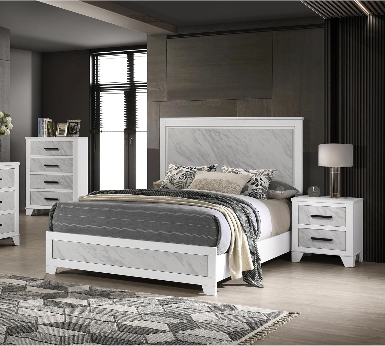 Furniture of America Anton Modern Solid Wood 3-Piece Bedroom Set with Faux Marble Headboard Bed, Metal Center Glide on Nightstand and Chest, Box Spring Needed for Bedroom, Guest Room, King, White