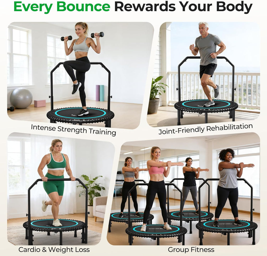 BCAN BT2 450/550LBS Mini Rebounder Trampoline for Adults with Bar, Fitness Trampoline with Bungees, Adjustable Handle, Stable & Quiet, Indoor Outdoor, Whole-Body Workout & Relaxation at Home-40IN/48IN