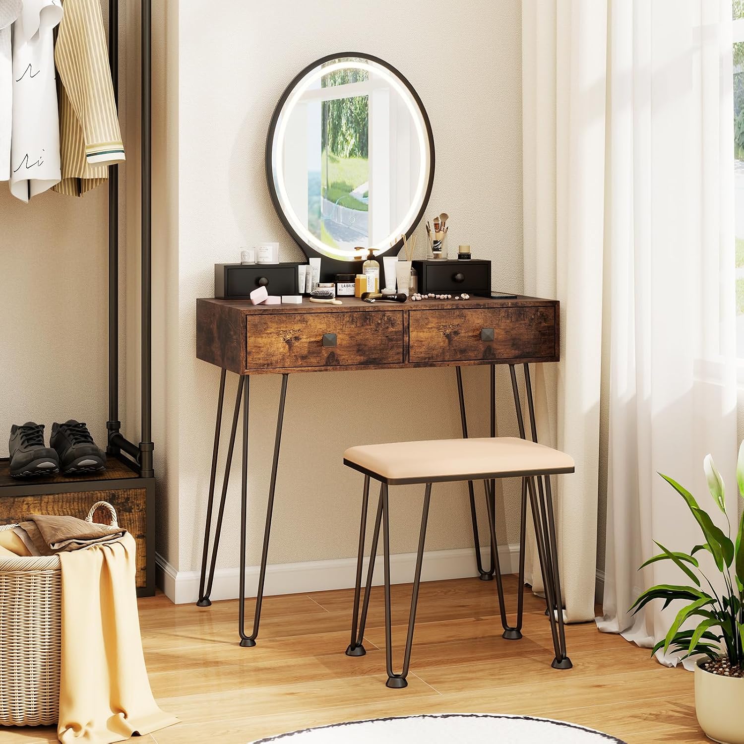 COSTWAY Vanity Desk Set with Mirror and Lights, Vanity Mirror with 3 Color Lighting Modes & Adjustable Brightness, Makeup Dressing Table with Cushioned Stool for Women Girls (Natural & Black)