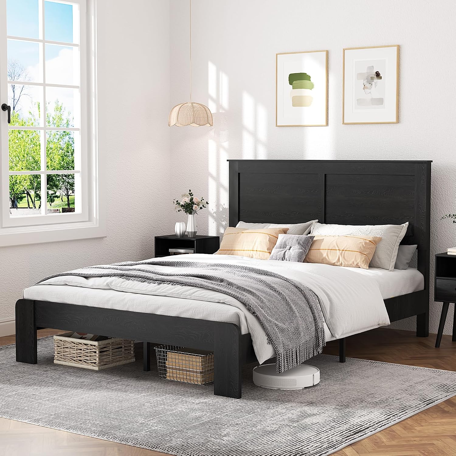 NNOOTK Queen Size Bed Frame, Vintage Platform Bed Frame with Wood Headboard and Footboard, 12 Wood Slats Support, No Box Spring Needed (Black)