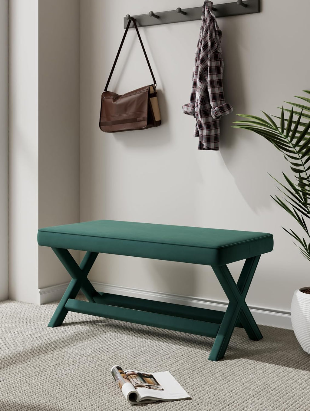 Manhattan Comfort Abigail Double Ottoman Bench Upholstered in Velvet Fabric, Luxurious Accent Vanity Stool with Stylish X-Crossed Legs, Solid Wood Frame, Plush Piped Cushion, Fully Assembled, Green