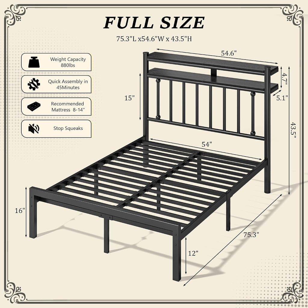 Homkdom 14 Inch Full Size Metal Platform Bed Frame with 2-Tier Storage Headboard, Victorian Bed Frame Full with Under Bed Storage/No Box Spring Needed/Easy Assembly, Black