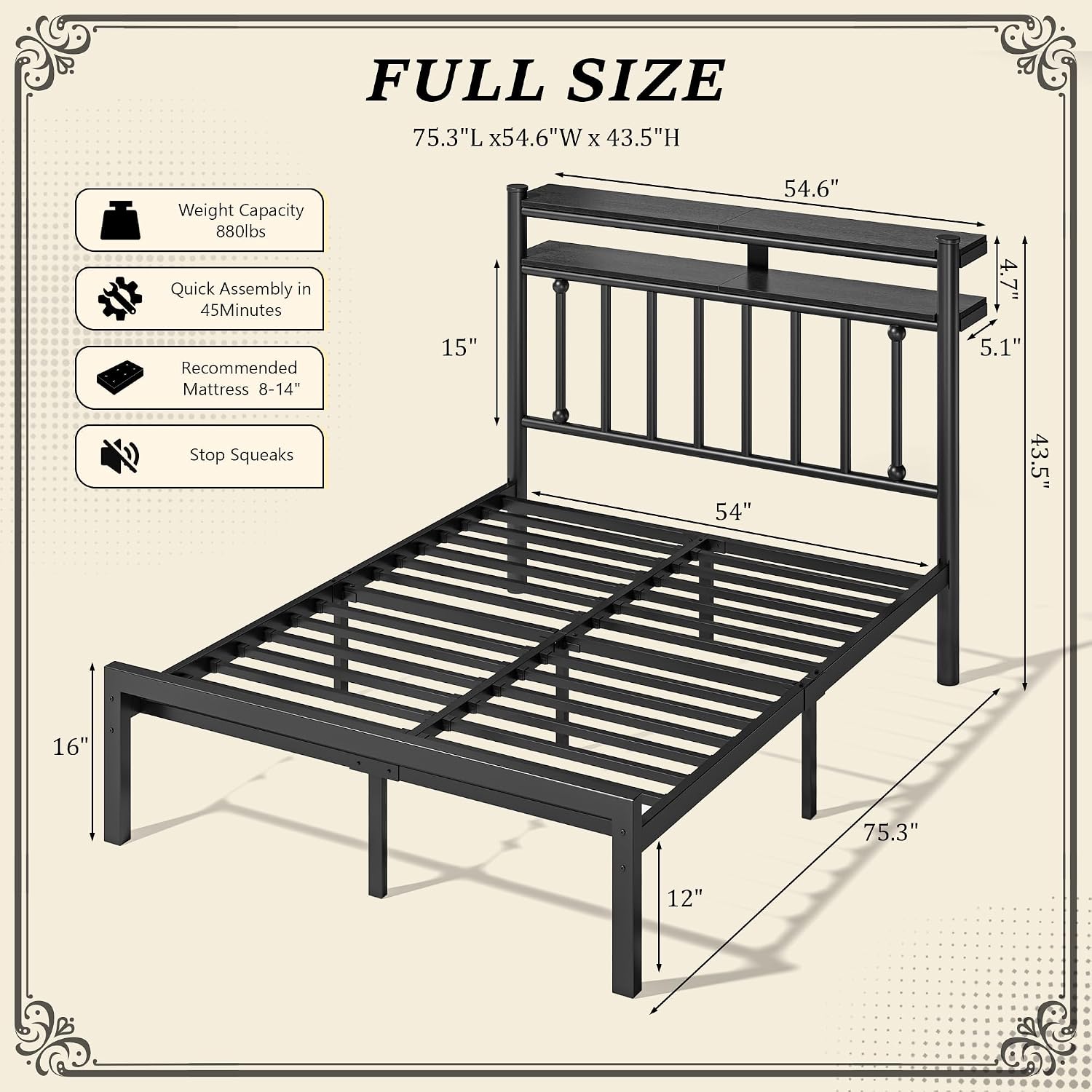 Homkdom 14 Inch Full Size Metal Platform Bed Frame with 2-Tier Storage Headboard, Victorian Bed Frame Full with Under Bed Storage/No Box Spring Needed/Easy Assembly, Black