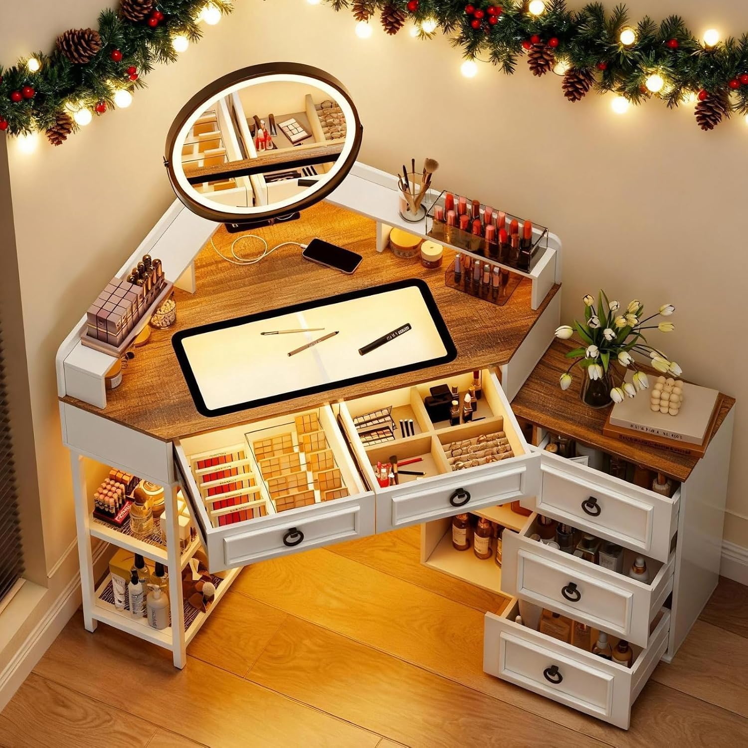 Corner Vanity Desk with Rotating Mirror and Lights,Glass Top Makeup Vanity with Human Body Senor&Charging Station,LED Vanity Table Set with 5 Drawers and Shelves for Bedroom