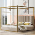 Modern 4-Poster Canopy Platform Bed King Size with Channel Upholstery Tufted Headboard, Gold Metal Canopied Design Platform Bed Frame with Strong Slats Support (Beige-1.20)