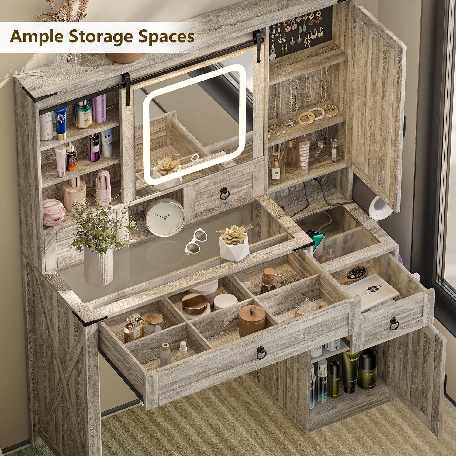Farmhouse Vanity Desk with Mirror and Lights, 42' Makeup Vanity with Charging Station, 4 Drawers & Adjustable Shelves, Oak